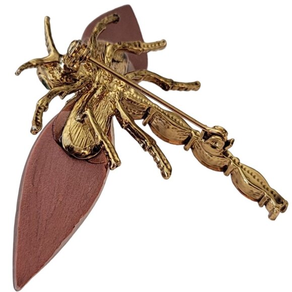 Gold Tone Orange Green Rhinestone Copper Tone Textured Wing Dragonfly Pin, E669 - Picture 6 of 9